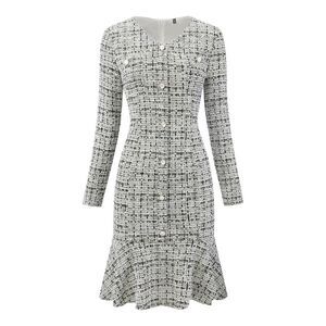 Women's Work Tweed Dress Long Sleeve Cocktail Bodycon Fishtail Dress White